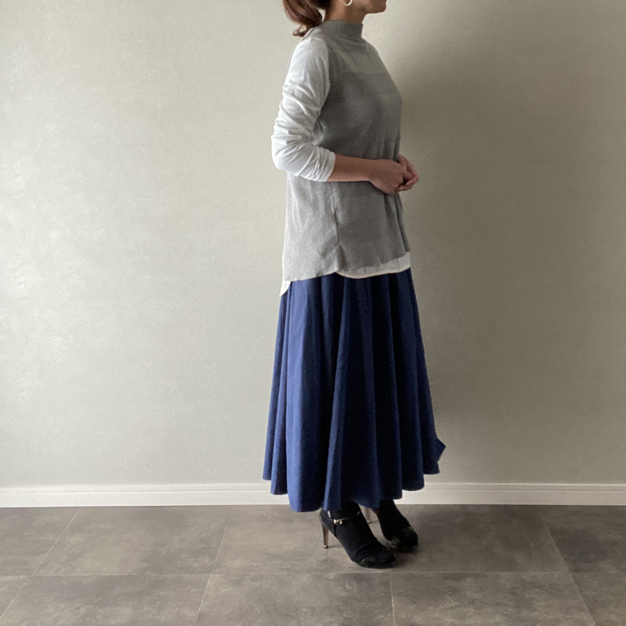 スカート フレア ロング 体型カバー ウエストゴム ブルー Mサイズ 【22110111】