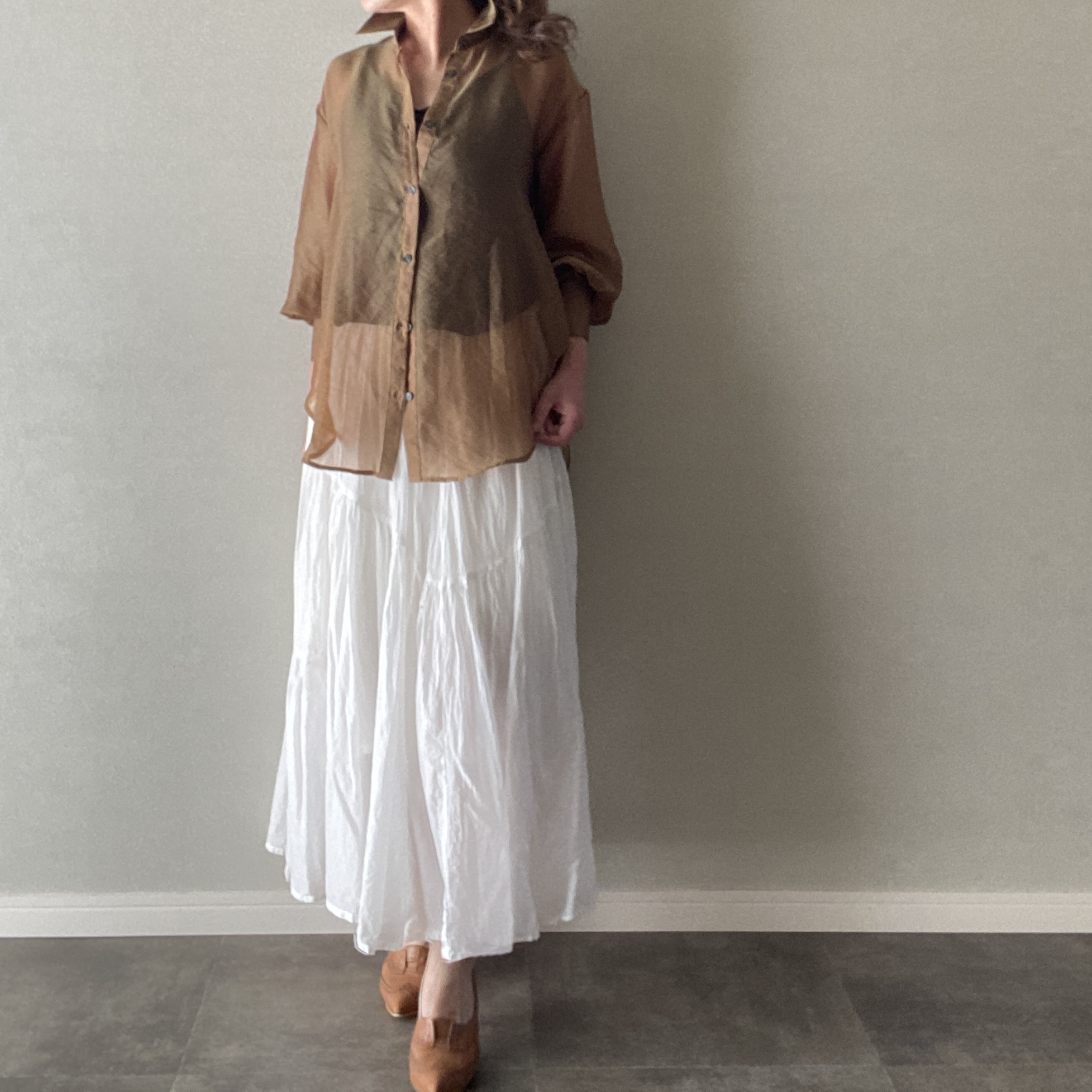 シャツ アシンメトリー シアー 長袖 ブラウン フリーサイズ 【070352】