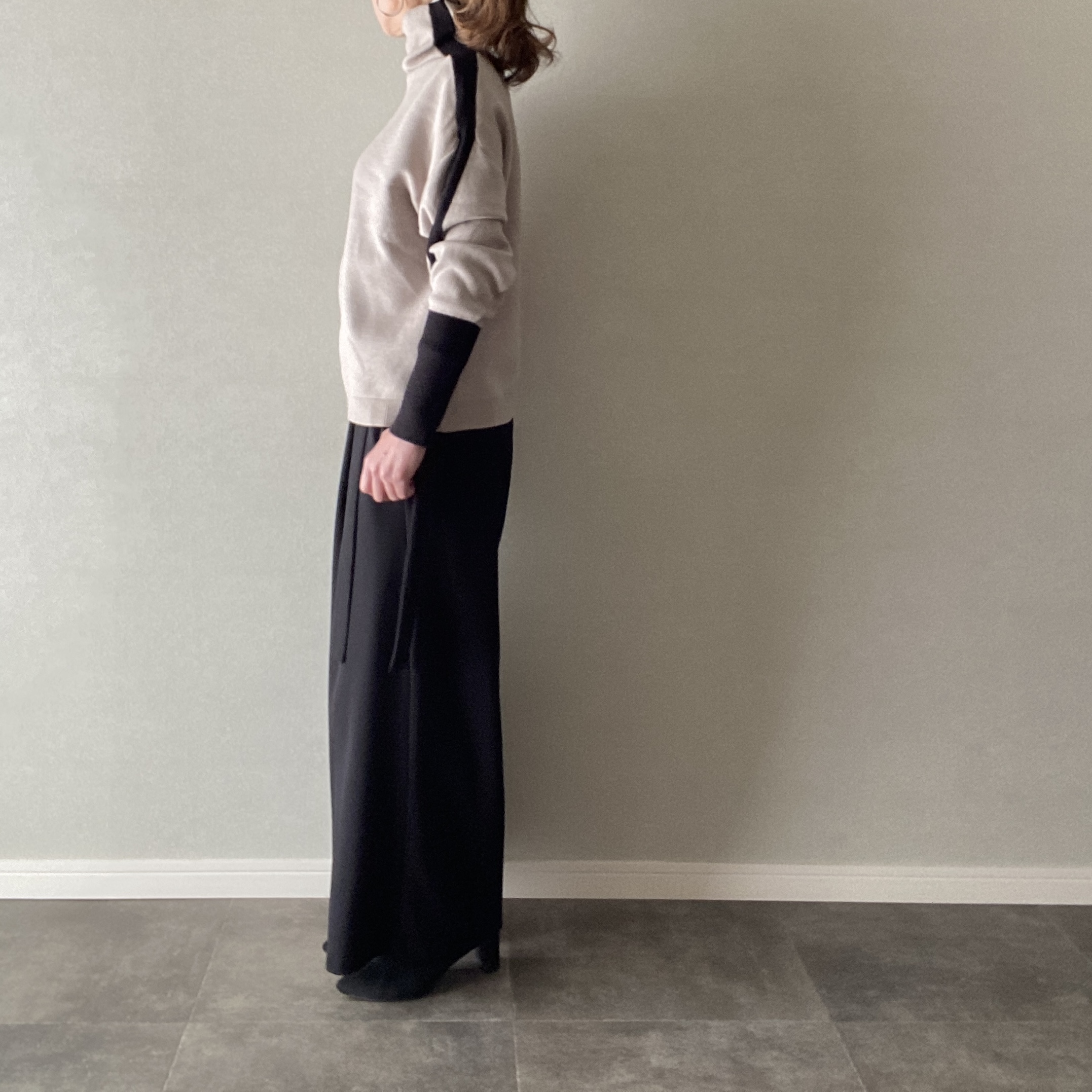 ニット ハイネック 配色 長袖 グレージュ×ブラック フリーサイズ 【120303】