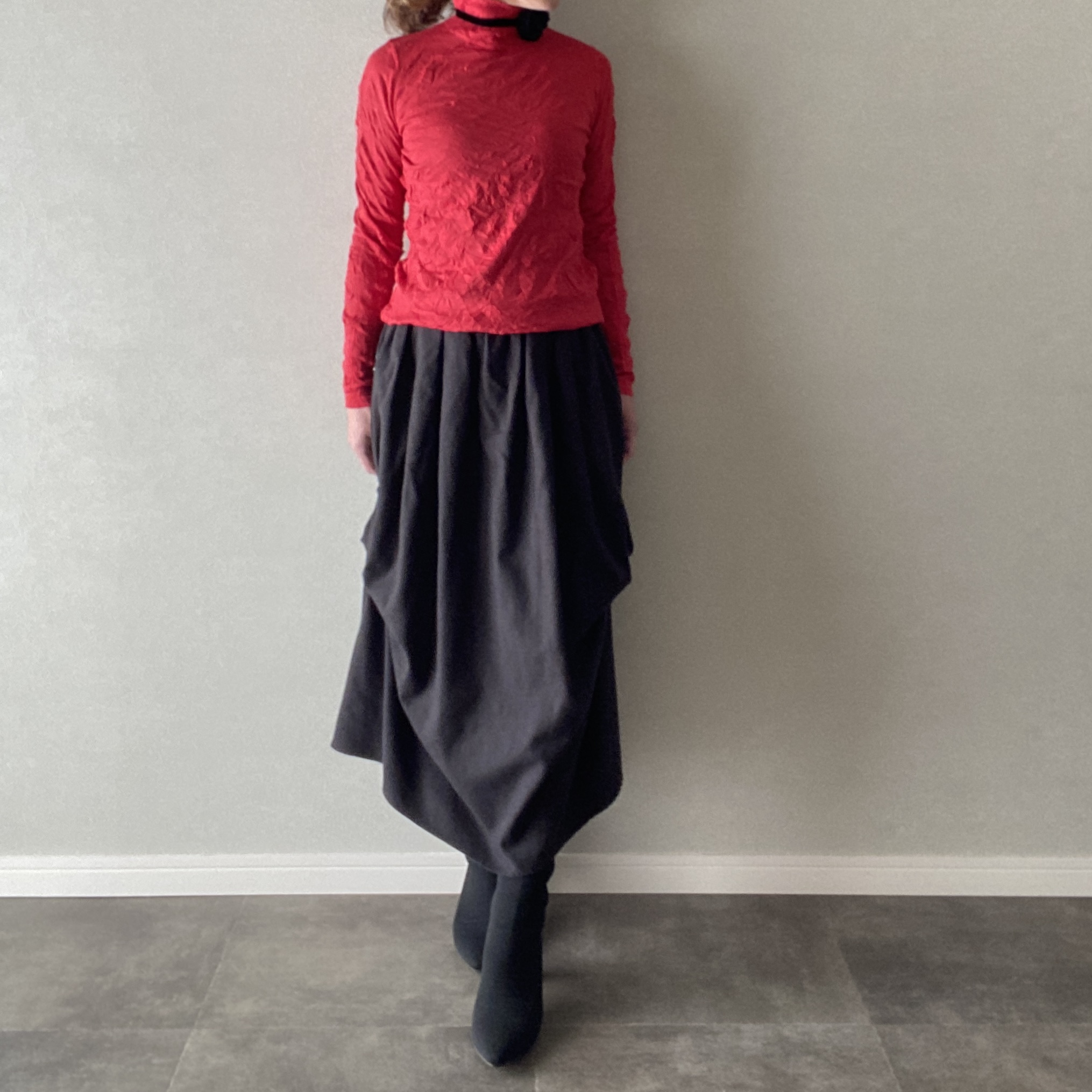 カットソー シワ加工 やわらか素材 長袖 レッド フリーサイズ 【111435】