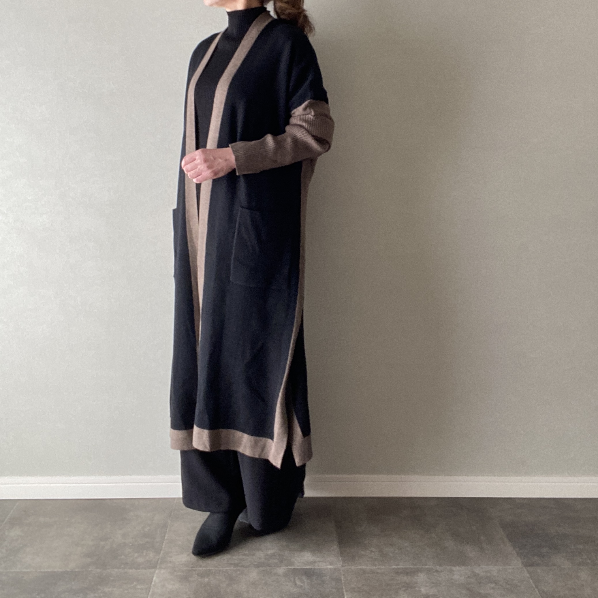カーディガン ロング 羽織り アウター ブラック×モカ フリーサイズ 【111433】